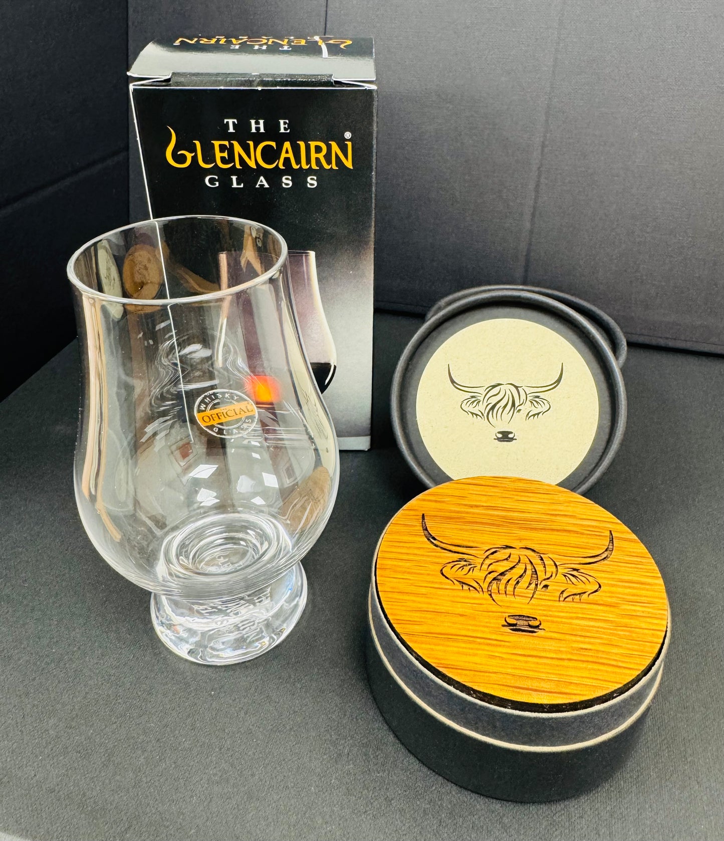 Whisky Barrel Coaster & Glencairn Glass Set