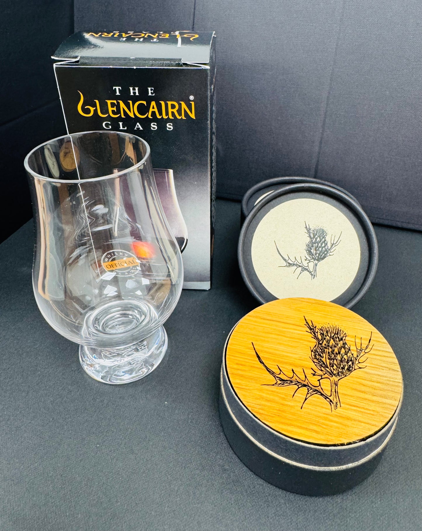 Whisky Barrel Coaster & Glencairn Glass Set
